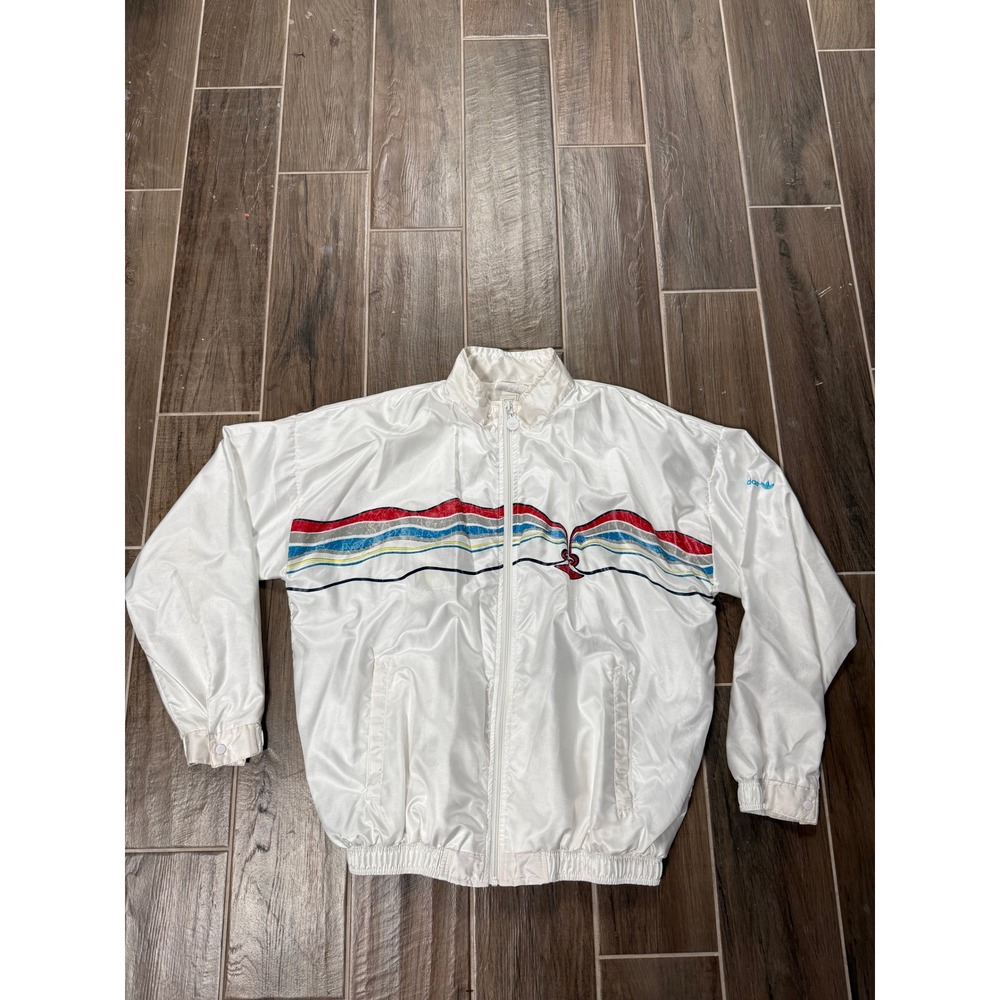 Vintage Adidas Mens Large White Satin Track Jacket Abstract Graphic Full Zip L